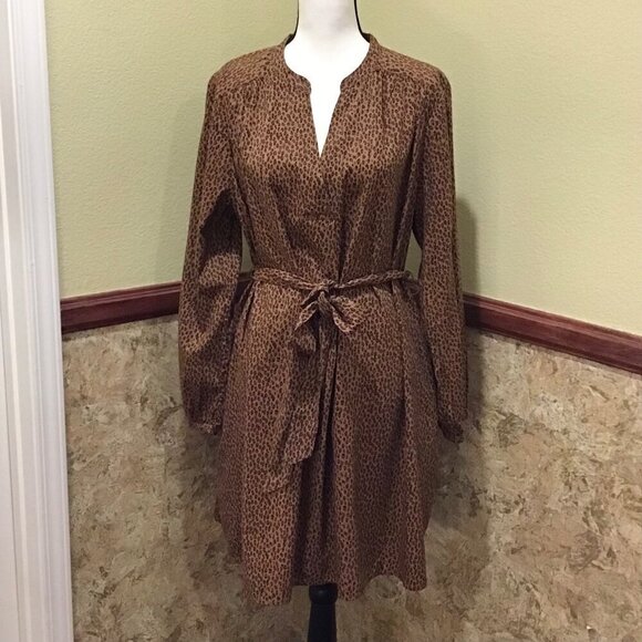 Gap XL NWT Leopard Animal Print Belted Long Sleeve Dress Brown Pockets - Picture 2 of 10